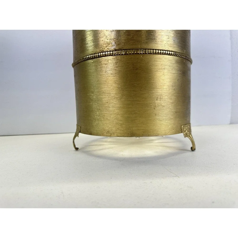 Vintage Hollywood Regency Gold Tone Metal Wastebasket W/ Acrylic Liner Footed